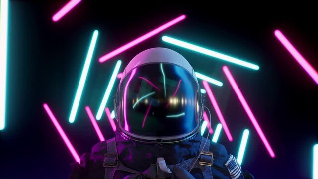 Astronaut in infinite neon tunnel corridor. Neon laser lights. Retrowave loop