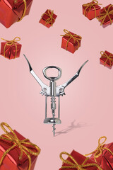 Creative layout with corkscrew and flying gift boxes. Minimal Holiday, opening, party and celebration concept.