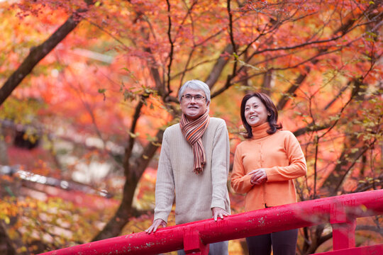 紅葉狩りをする中高年夫婦
