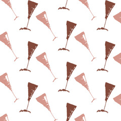 Seamless vector pattern from brown glasses on a white background. Brush drawing, grunge, doodle, sketch. Wine, champagne, alcohol, New Year. Image for fabric, wrapping paper, wallpaper. Minimalism.