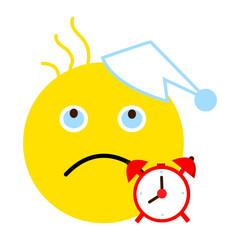 Emotion, smile face. Smiley did not sleep well. Red alarm clock