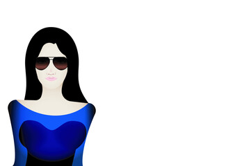 Title: Woman with long black hair wearing sunglasses with brown lenses and strapless shirt and see-through long sleeve on a white background