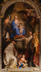 ROME, ITALY - AUGUST 30, 2021: The painting of Madonna with the St. Rudolf, bl. Peter, bl. Castora, bl. Forte   in the church Chiesa di San Gregorio al Cielo by Pompeo Batoni (1730).