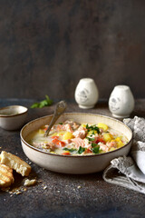 Chowder - thick potato soup with trout ( salmon ) and cream .
