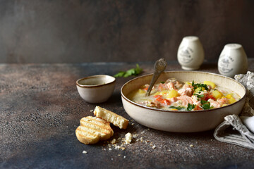 Chowder - thick potato soup with trout ( salmon ) and cream .