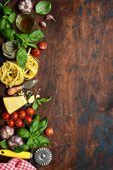 Culinary background with traditional ingredients of mediterranean cuisine. Top view with copy space.