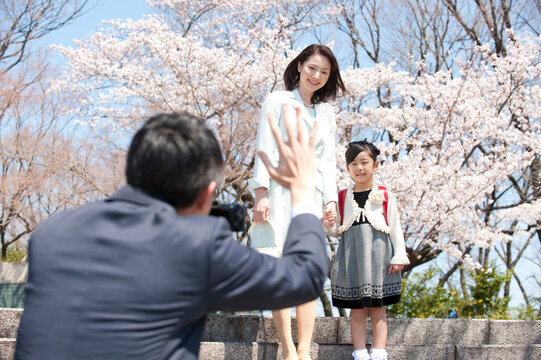桜と新入学のランドセルの女の子と写真を撮る両親