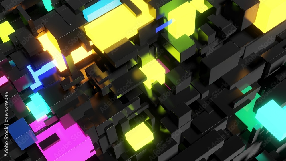 Poster 3d render. abstract dark background neon cubes light bulbs. visualisation of working ai big data or 