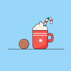 Cup with whipped cream and caramel cane, cookie. 