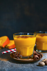 Spicy autumn pumpkin smoothie with cinnamon and honey.