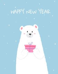 Cute polar bear with gift in paws. Card for new year congratulation