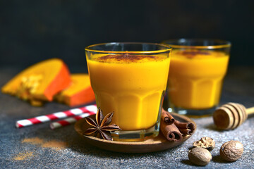 Spicy autumn pumpkin smoothie with cinnamon and honey.