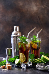 Cocktail cuba libre with cola and lime.