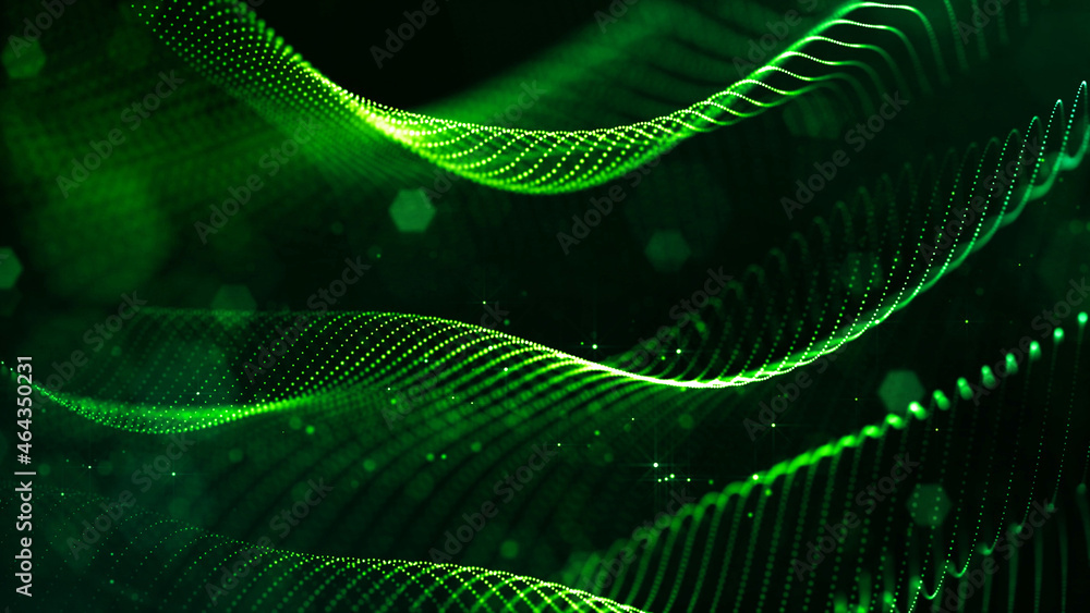Poster abstract sci-fi background with glow particles form curved lines, surfaces, hologram structures or v