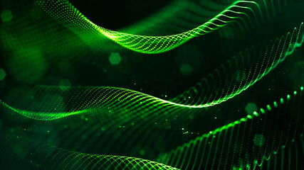 abstract sci-fi background with glow particles form curved lines, surfaces, hologram structures or virtual digital space. Green motion design background of microworld or cosmic space. Strings