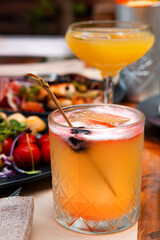 Dishes and drinks on the table in the restaurant.