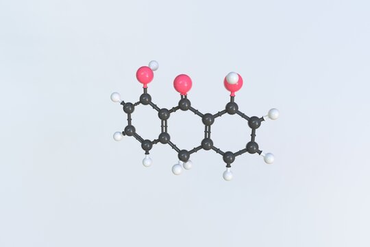 Dithranol molecule made with balls, isolated molecular model. 3D rendering