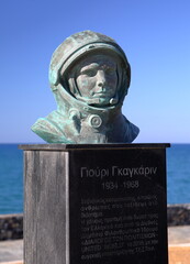 Statue of Yuri Gagarin in Heraklion, Greece, on sea promenade