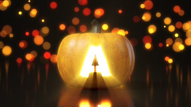 Letter A carved on Halloween pumpkin. 3d illustration with bokeh effect on background