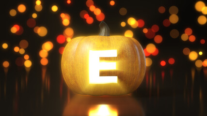 Letter E carved on Halloween pumpkin. 3d illustration with bokeh effect on background