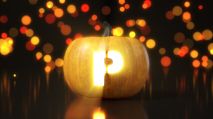 Letter P carved on Halloween pumpkin. 3d illustration with bokeh effect on background - obrazy, fototapety, plakaty