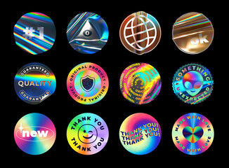Iridescent holographic foil stickers. Holo emblems, round original and quality guaranteed labels. Textured foiled circles vector illustration set - obrazy, fototapety, plakaty