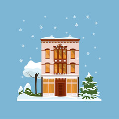 Decorated buildings for 2022 new year and christmas. Building with tree and fir tree at yard, construction facade with lanterns for xmas. Holiday and celebration,winter architecture