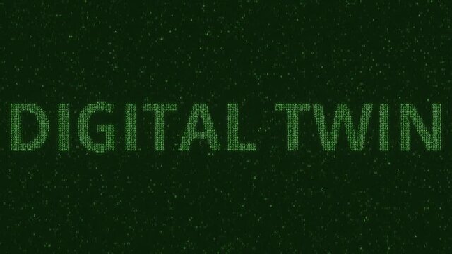 DIGITAL TWIN text made with many symbols on computer screen, 3d animation