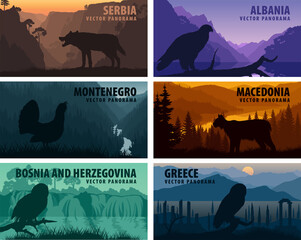 vector set of panorams countries Balkan Countries with animals - Guatemala, Mexico, Honduras, Nicaragua, Panama, Costa Rica © Save Jungle