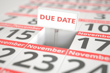 DUE DATE sign on November 16 in a calendar, 3d rendering