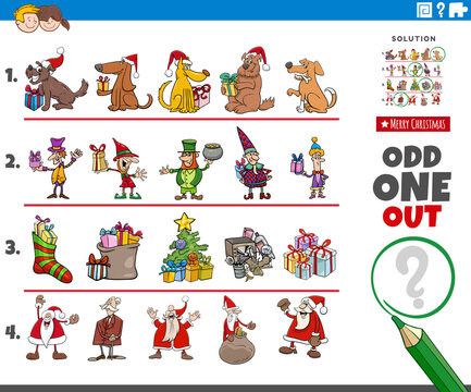 odd one out picture game with Christmas characters and objects