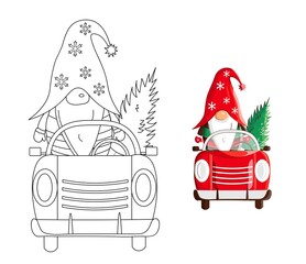Coloring book page with christmas gnome in truck. Vector outline illustration