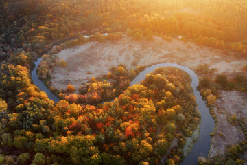 Winding river in the middle of a beautiful colorful forest at dawn. Aerial landscape of multicolored forest, bending river and bright sunshine at fall.