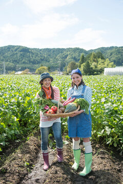 畑で収穫した野菜を見せる女性二人
