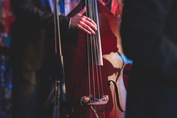 Concert view of a contrabass violoncello player with vocalist and musical band during jazz orchestra band performing music, violoncellist cello jazz player on the stage © tsuguliev