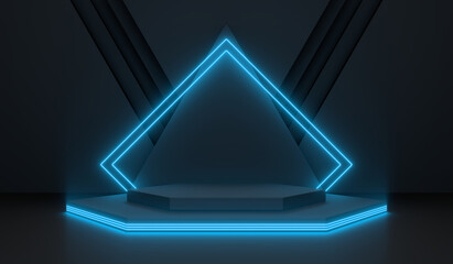 Sci Fi Pedestal, Podium, Place For Product. Colored Neon Glow. 3D Rendering Image.