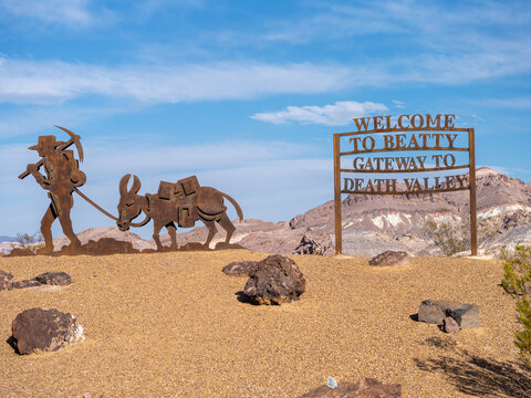 Welcome to Beatty Nevada sign in the desert.