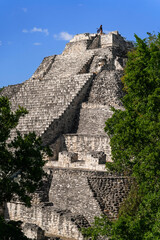 Amazing Mayan architecture ruins, woman on top doing selfie, great Calakmul pyramid, awesome Mexico latin pre Hispanic culture, holiday Campeche summer trip, archeology postcard