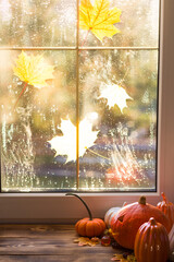 Orange pumpkin and jack lantern with his eyes and mouth cut out by the window with raindrops on a...