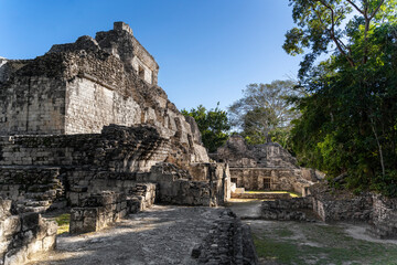 Fototapeta na wymiar Great Calakmul pyramid, Amazing Mayan architecture ruins, awesome Mexico latin pre Hispanic culture, ancient building vacation postcard, aesthetic view
