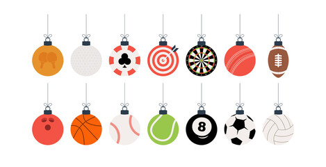 Sport Christmas balls set. Christmas set with sport baseball, basketball, football, tennis, cricket, soccer, volleyball, bowling, billiard, darts, golf balls hang on a thread. Vector illustration. © lunarts_studio