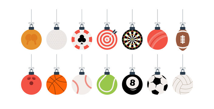 Sport Christmas balls set. Christmas set with sport baseball, basketball, football, tennis, cricket, soccer, volleyball, bowling, billiard, darts, golf balls hang on a thread. Vector illustration.