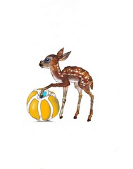 A small fawn, which has just risen to its feet, is playing with a beach ball. For general education about xwith wild animals living in the earthly fauna.