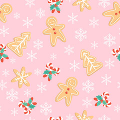 Christmas pattern. Seamless pattern with gingerbread, candy can and snow. Holiday pink background. Vector.