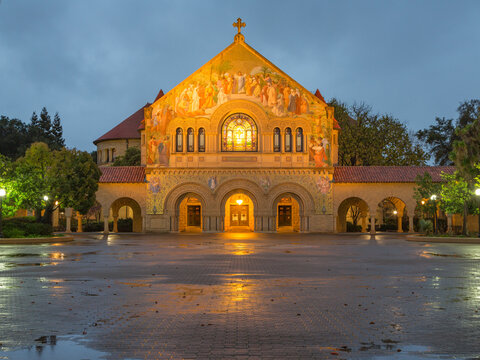 Stanford Memorial Chapel TIled Mosaic Facade on a Rainy Night, Palo Alto, California