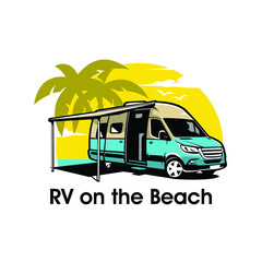 RV campervan on the beach logo. RV motorhome caravan ready made logo vector illustration isolated
