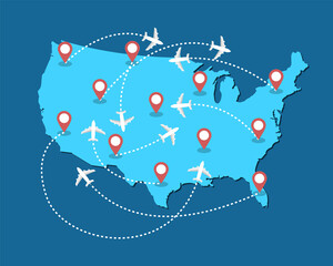 Planes routes flying over United States map, tourism and travel concept Illustrations - 464366851