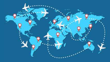 Planes routes flying over world map, tourism and travel concept Illustrations