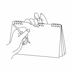 Vector linear simple doodle illustration with hands holding a notebook and writing into it. There is an empty space for the text. You can use the element in web design, banners, etc.