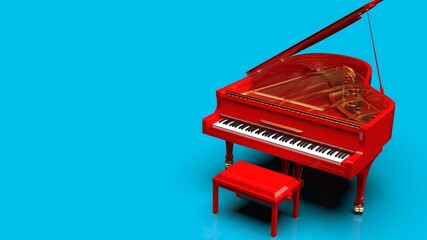 Ref-Gold Grand Piano under sky blue background. 3D illustration. 3D high quality rendering.  